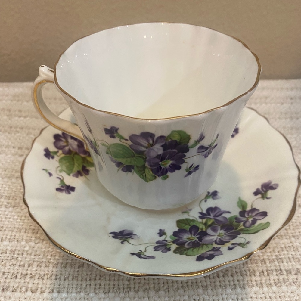 Violets Teacup and Saucer - White with Purple Floral and Gold trim